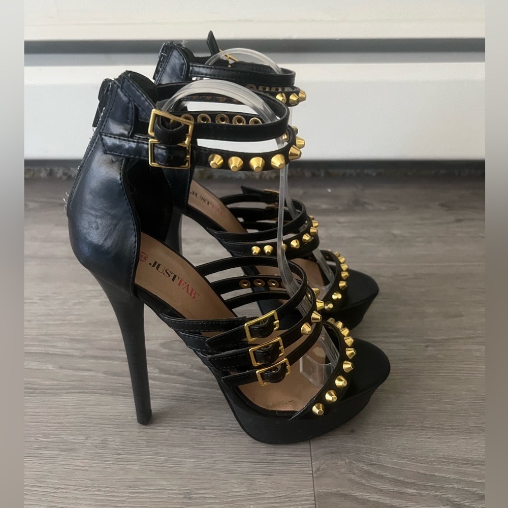 JustFab Black and Gold Strappy Heels